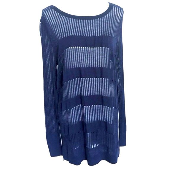 HALOGEN KNIT TOP WOMEN XLP NAVY BLUE ROUND NECKLINE SHEER LOOSE KNIT. - Picture 1 of 7